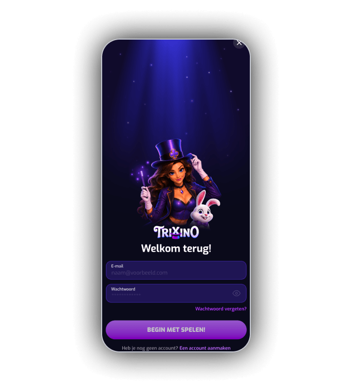 Inlogscherm van Trixino op een telefoon met een goochelaar met hoge hoed en toverstaf en een wit konijn onder een paarse spotlight, het Trixino logo, de kop Welkom terug, velden voor e-mail en wachtwoord, de link Wachtwoord vergeten, de knop Begin met spelen en de link Een account aanmaken