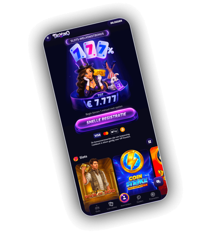 Startpagina van Trixino op een telefoon met de banner Slots-welkomstbonus, drie kaarten met 777%, een goochelaar met een hoge hoed en een konijn, het bedrag tot 7.777 euro, de knop Snelle registratie, logo's van Visa, Mastercard, Apple Pay en Bitcoin en een rij slots met Book of Dead en Coin Strike