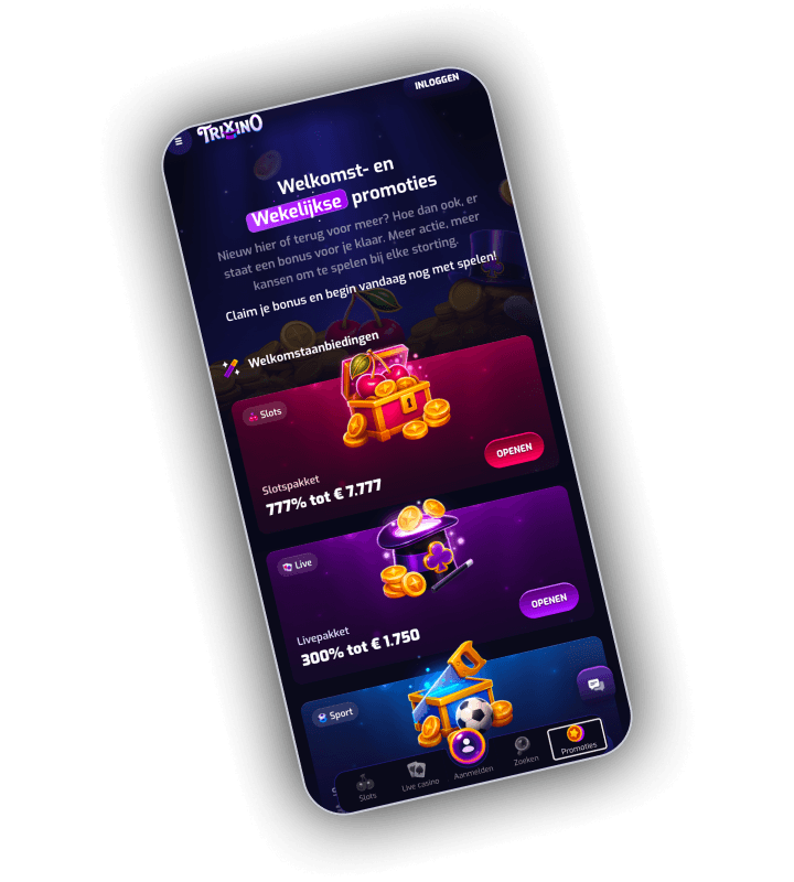 Promotiepagina van Trixino op een telefoon met de kop Welkomst- en Wekelijkse promoties, de knop Welkomstaanbiedingen en kaarten voor het Slotspakket 777% tot 7.777 euro, het Livepakket 300% tot 1.750 euro en een Sport kaart, elk met een knop Openen