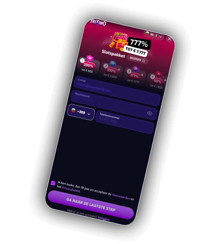 Registratieformulier van Trixino op een telefoon met bovenaan het Slotspakket 777% tot 7.777 euro en de knop Wijzigen, vier genummerde stappen met 200% tot 500 euro, 100% tot 2.000 euro, 177% tot 1.777 euro en 50% tot 1.500 euro, velden voor e-mail, wachtwoord en telefoonnummer, een vinkje voor 18 jaar en de knop Ga naar de laatste stap